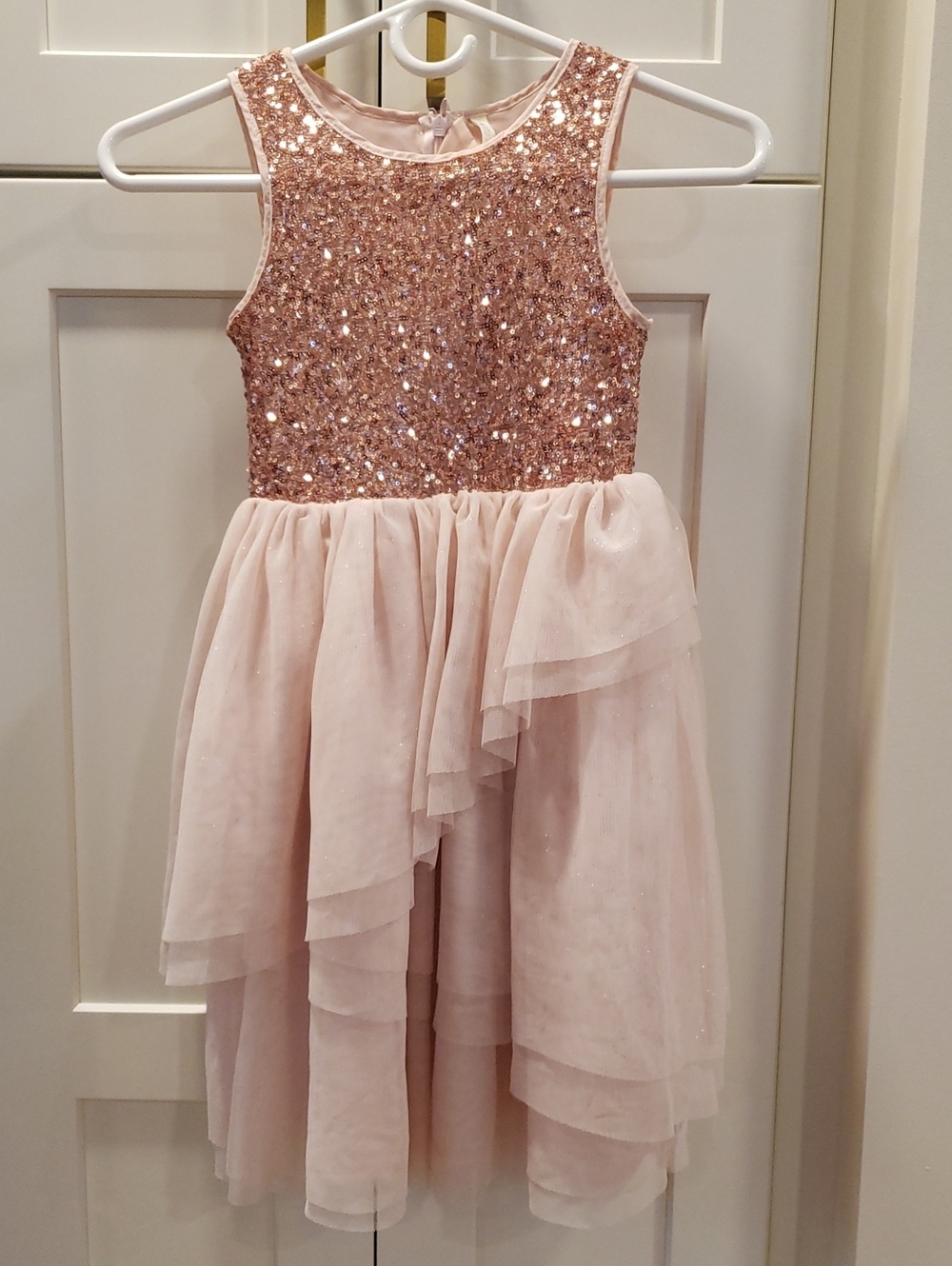 Girls/Kids Stitches Rose Gold Sequin Bodice Layered Light Pink Chiffon Dress